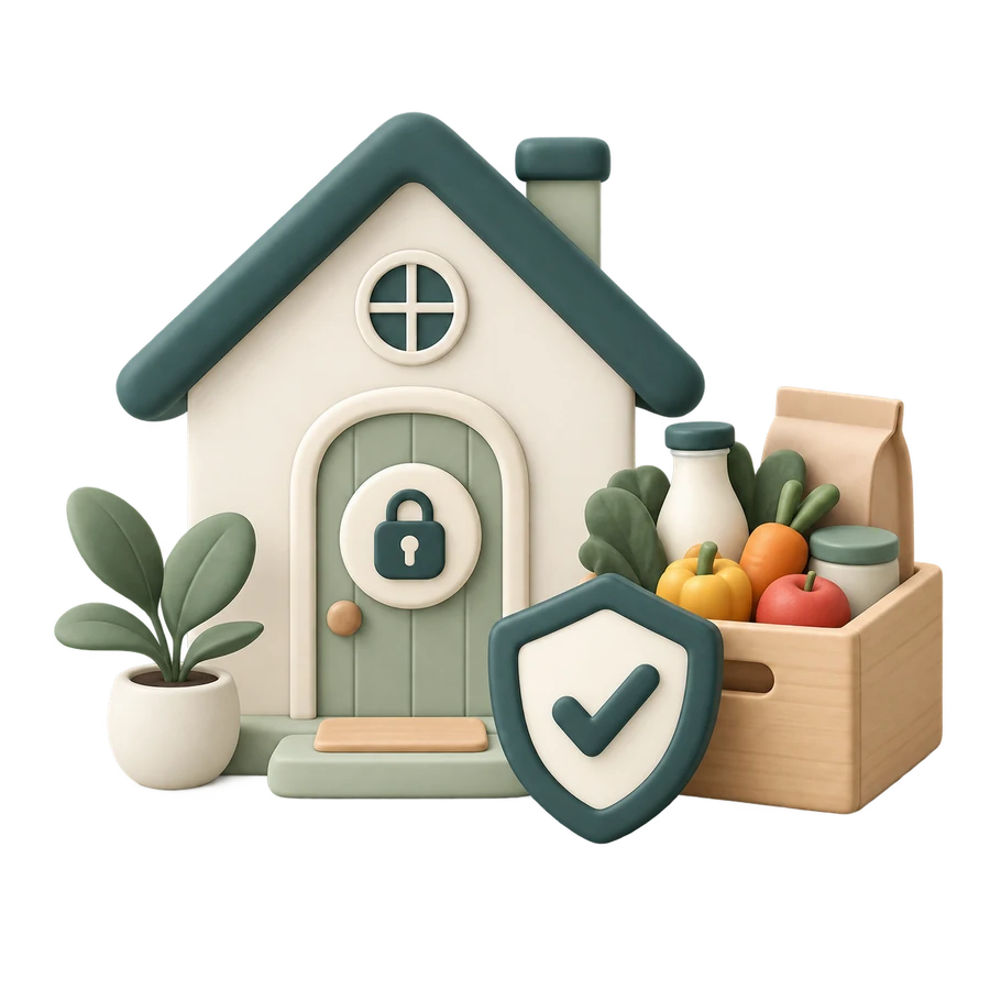 Une maison dont la porte porte un cadenas, protégée par un bouclier, à côté d'un cageot de provisions.