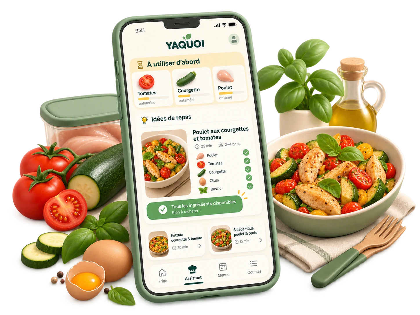 Des légumes, un plat cuisiné et un téléphone proposant une recette entièrement réalisable.